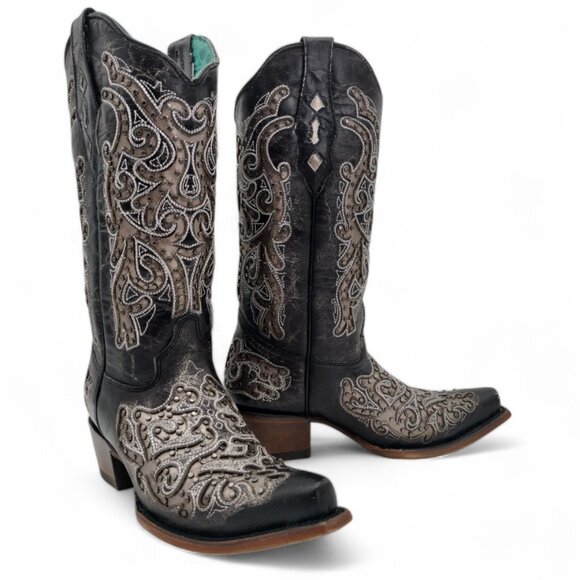 Corral Women's Size 7 Black Dual Tone Inlay Intricate Embroidery Western Boots - Picture 8 of 15
